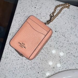 Coach Zip Card Case with Chain Strap in Gold/Faded Blush Pink Pebble Leather